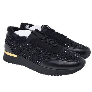Kenneth Cole Reaction Women Black Faux Fur Jewel Jogger Sneaker Size 7 NIB